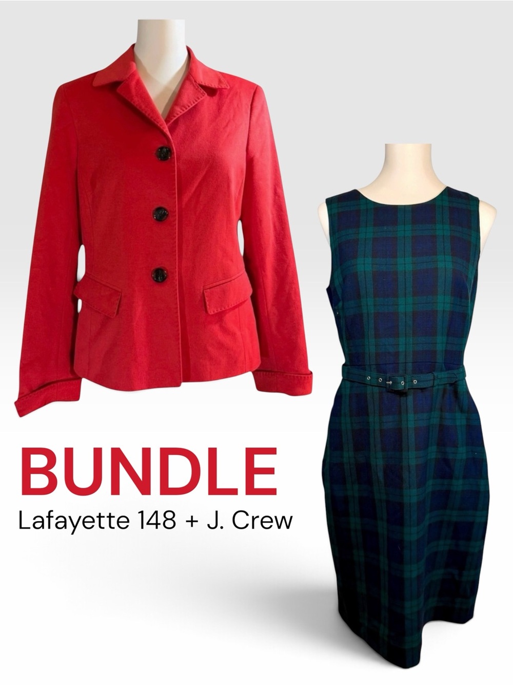 Bundle! J.Crew Black Watch Tartan Dress + Lafayette 148 Red Wool Blazer Both 8